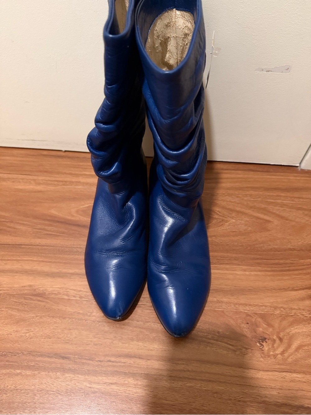 Vintage Blue Slouch Leather Heeled Boots